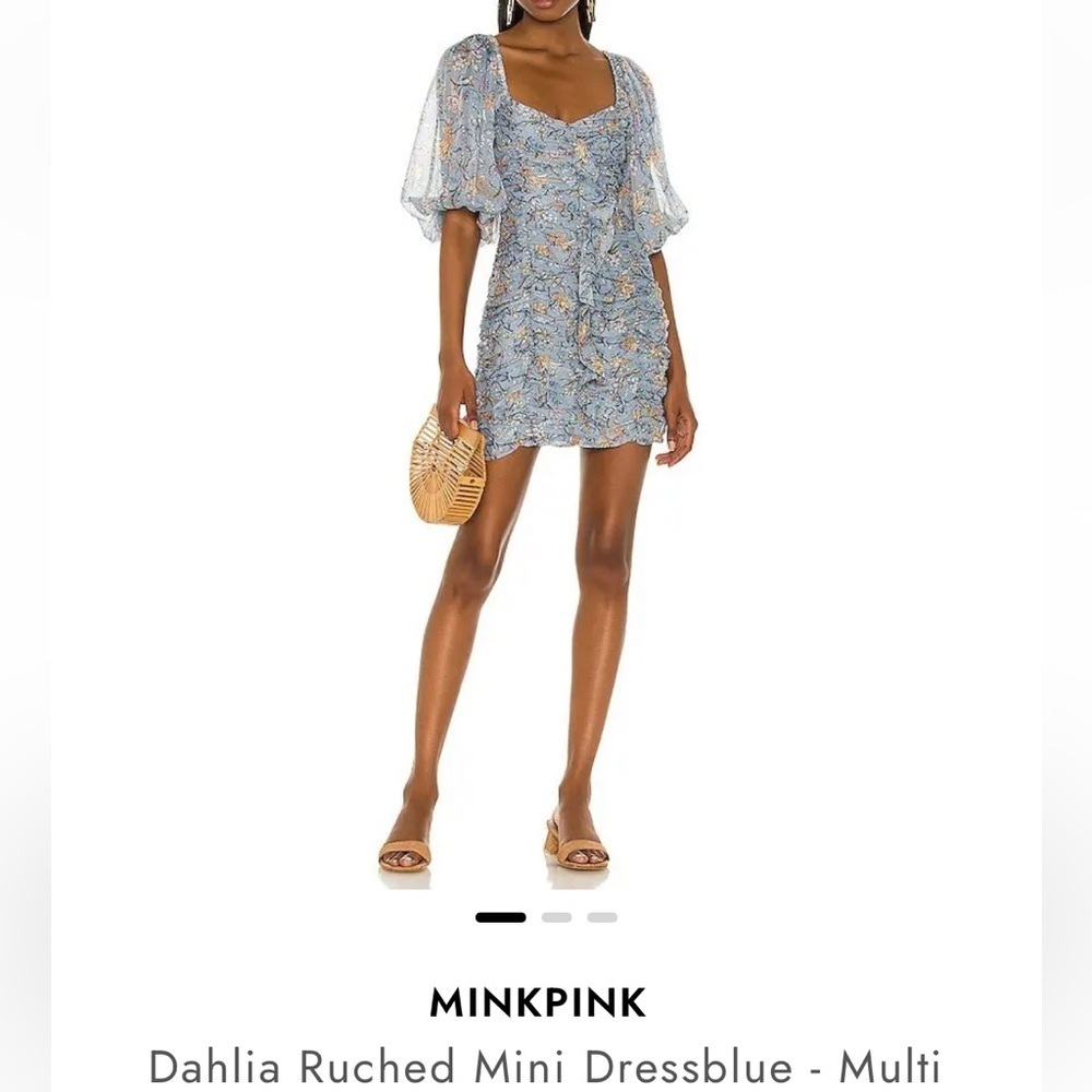 Mink Pink Blue Floral Dahlia Ruched Dress - Picture 3 of 16